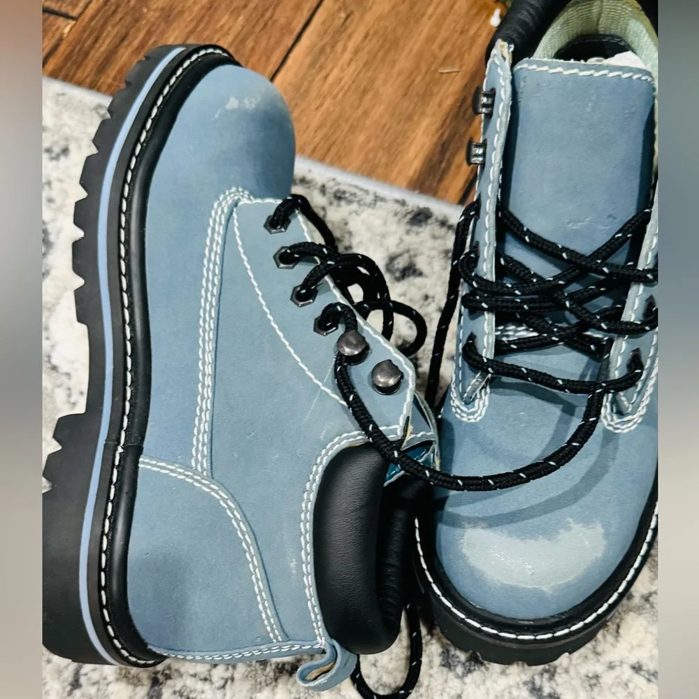 No Boundaries Blue Distressed Zip Stitch Accent Hiker Boots